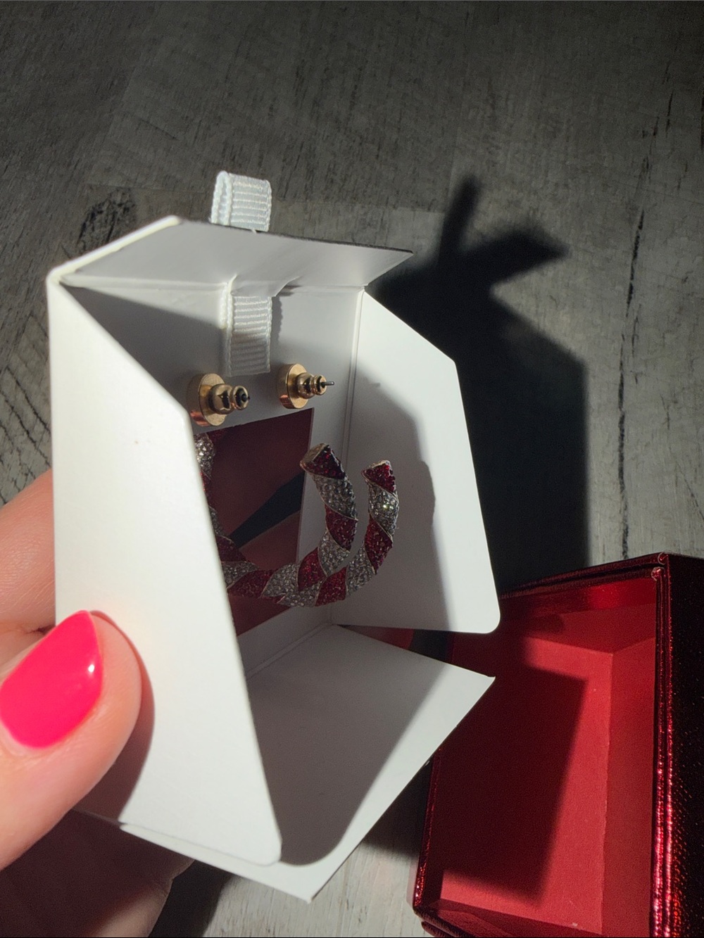 Piper·K Red and Silver Twisted Candy Cane Hoop Earrings - Picture 6 of 6